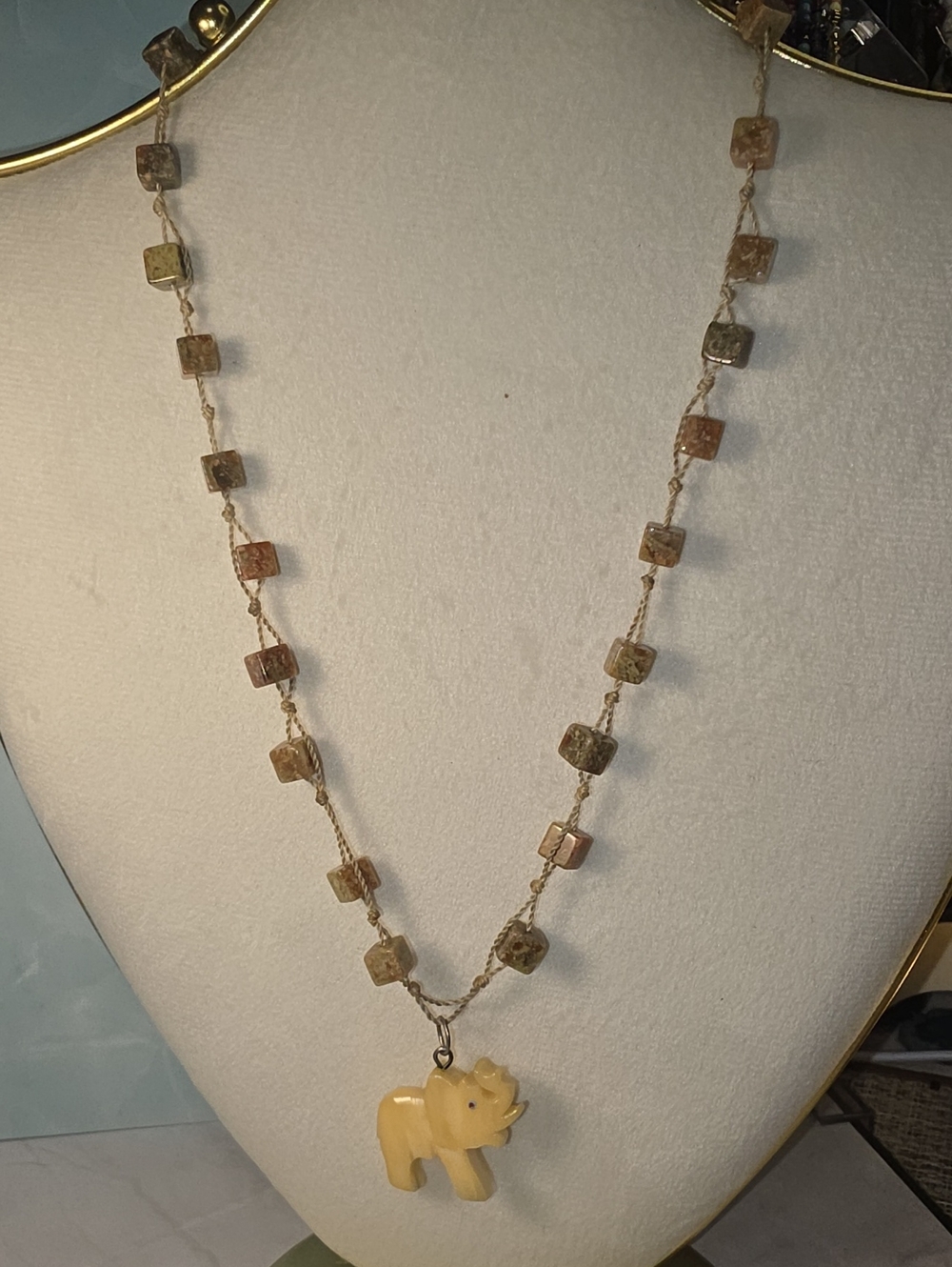 Handcrafted Yellow Elephant Pendant Necklace with Natural Stone Beads